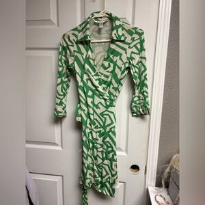 Diane Von Furstenberg Green and Cream Geometric Wrap Dress